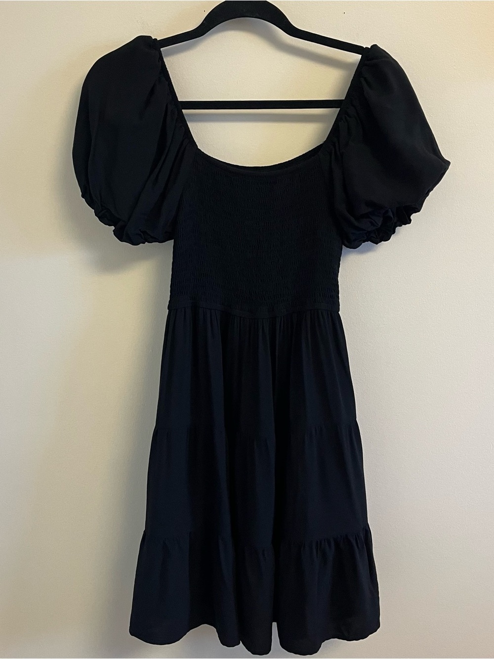 ZESICA Womens Mini Dress Black Boho Fairy Puff Sleeve Off Shoulder Smocked Sz S